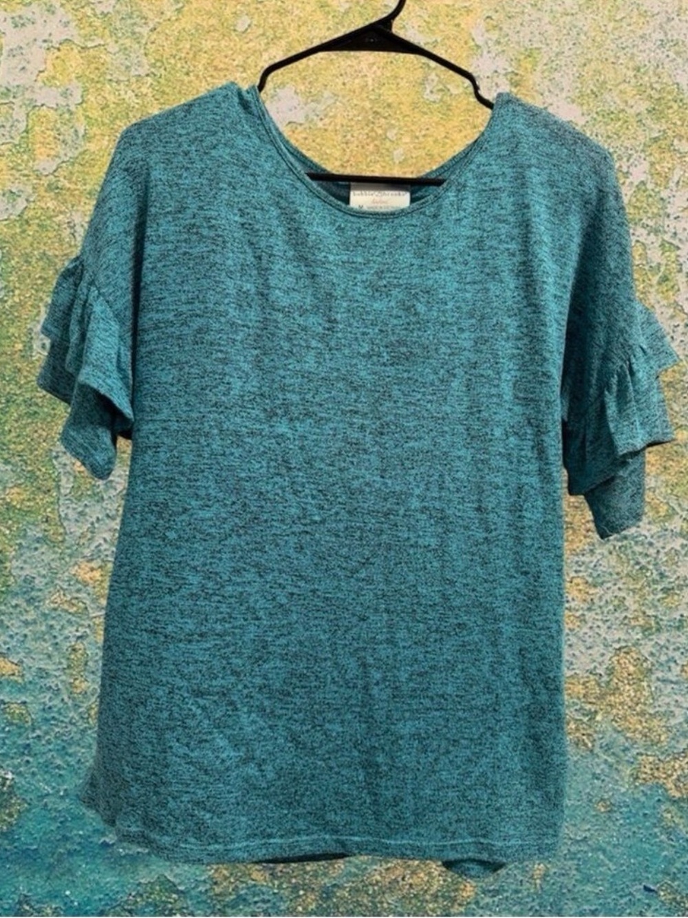 Bobbie Brooks Heathered Teal Short Sleeve Ruffle Sleeve Knit Top size M